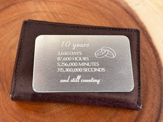 10 Years and Still Counting engraved aluminum wallet card