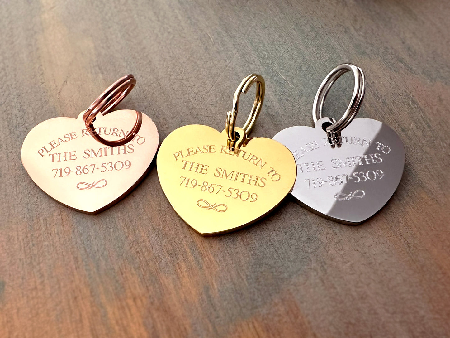 Custom Engraved Heart Pet ID Tag – Stainless Steel – Silver, Rose, Gold
