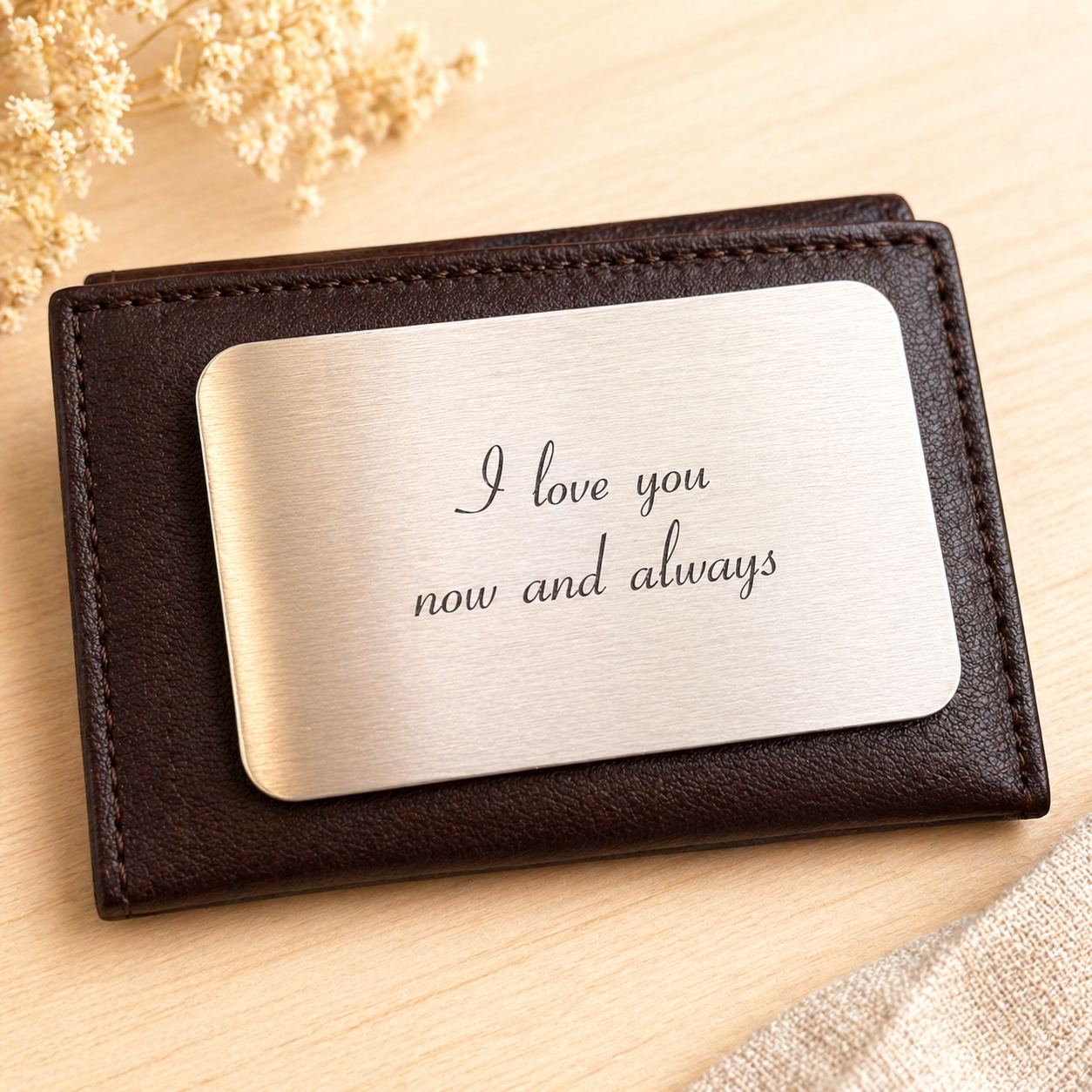 Personalized back engraving reading I love you now and always