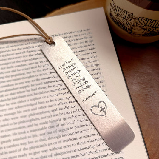 Engraved Scripture Bookmark – Aluminum Bible Verse Bookmark with Leather Tassel 1 Corinthians