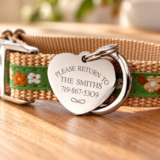 A close-up of a woven tan dog collar with a green embroidered stripe and a silver heart-shaped metal ID tag engraved with the text 'PLEASE RETURN TO THE SMITHS 719-867-5309'.
