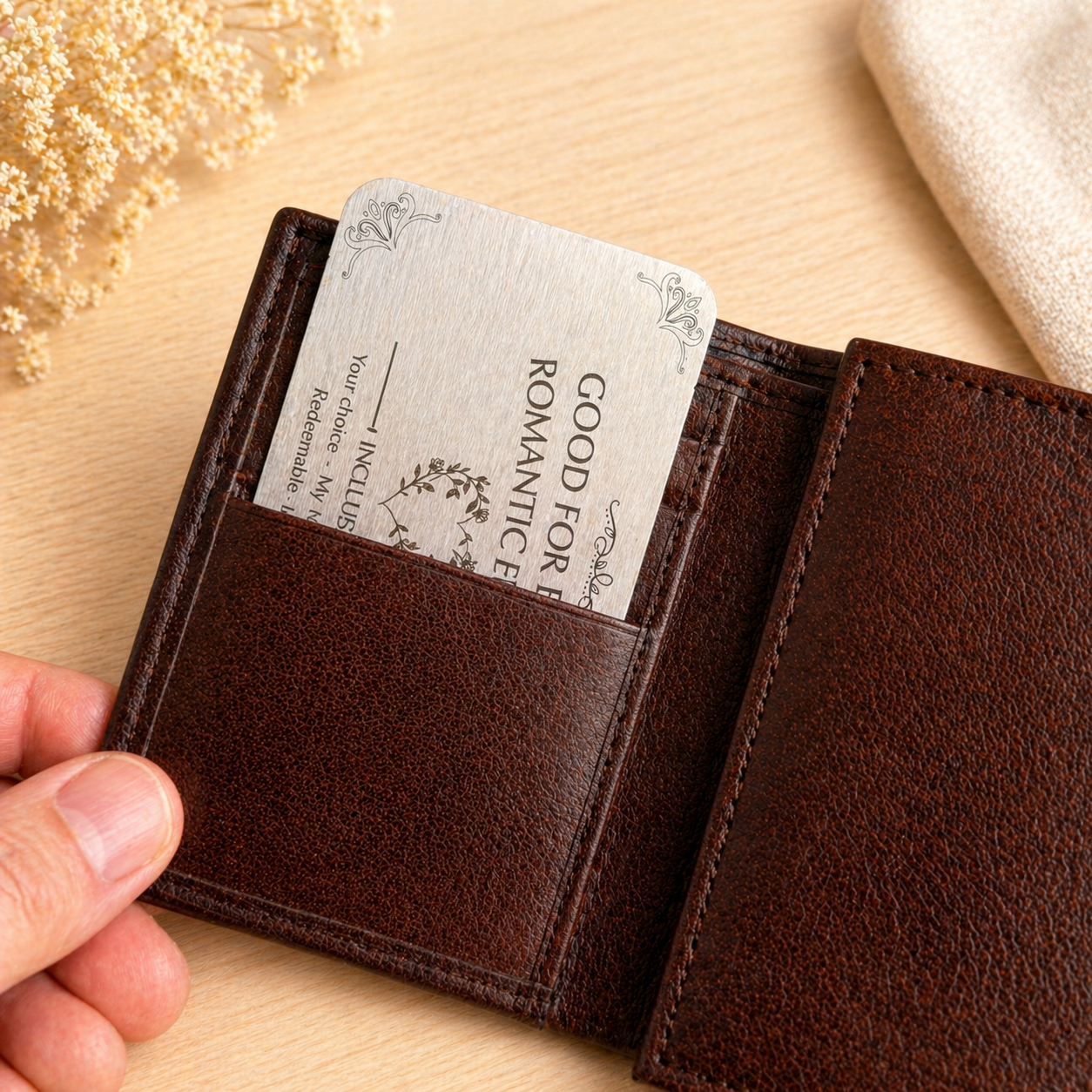 Stainless steel wallet card tucked into a brown leather wallet