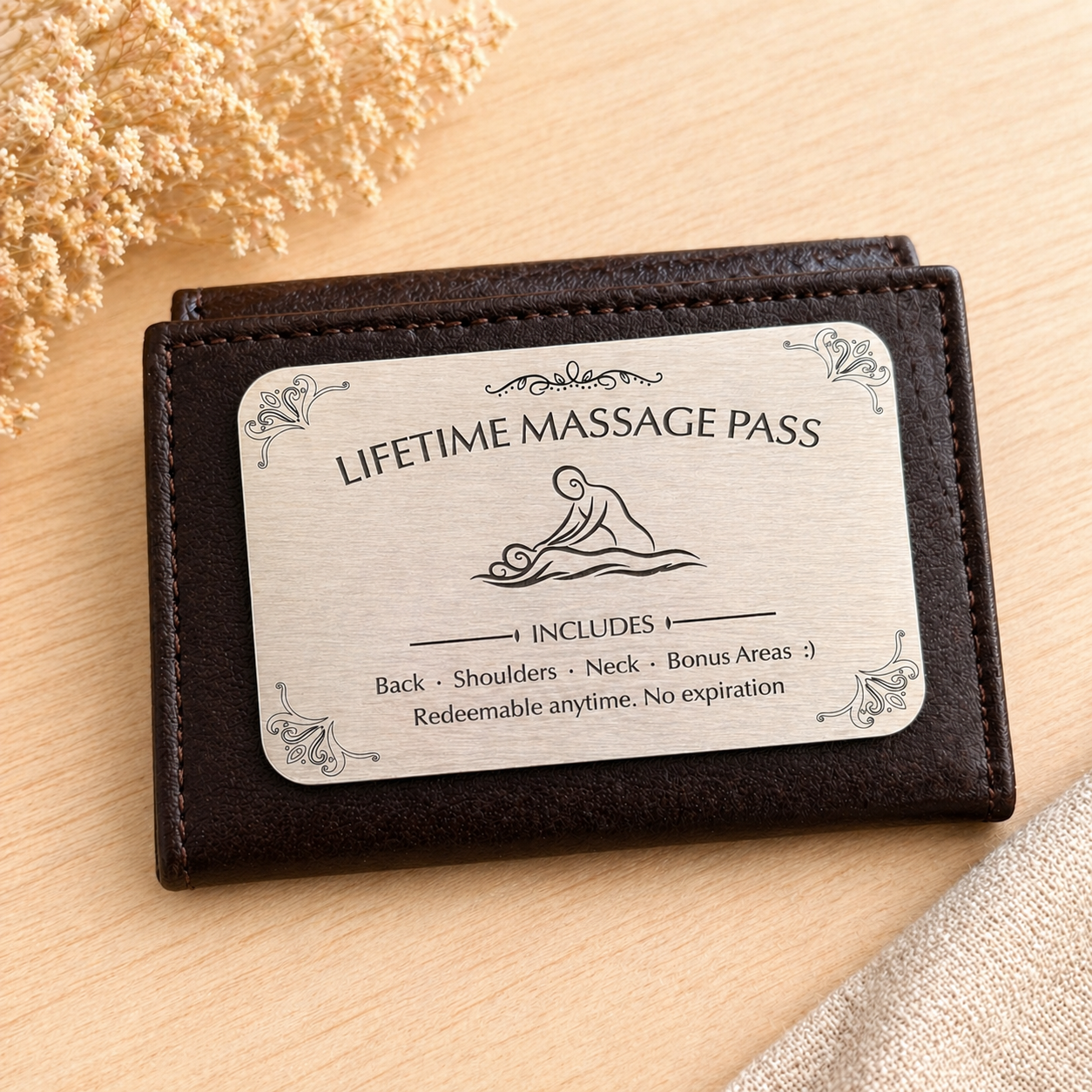 Lifetime Massage Pass engraved stainless steel wallet card