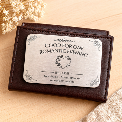 Good for One Romantic Evening engraved stainless steel wallet card